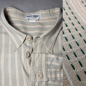 VTG Giorgio Armani Le Collezioni Shirt Men Beige Stripe Dobby Weave Button Italy